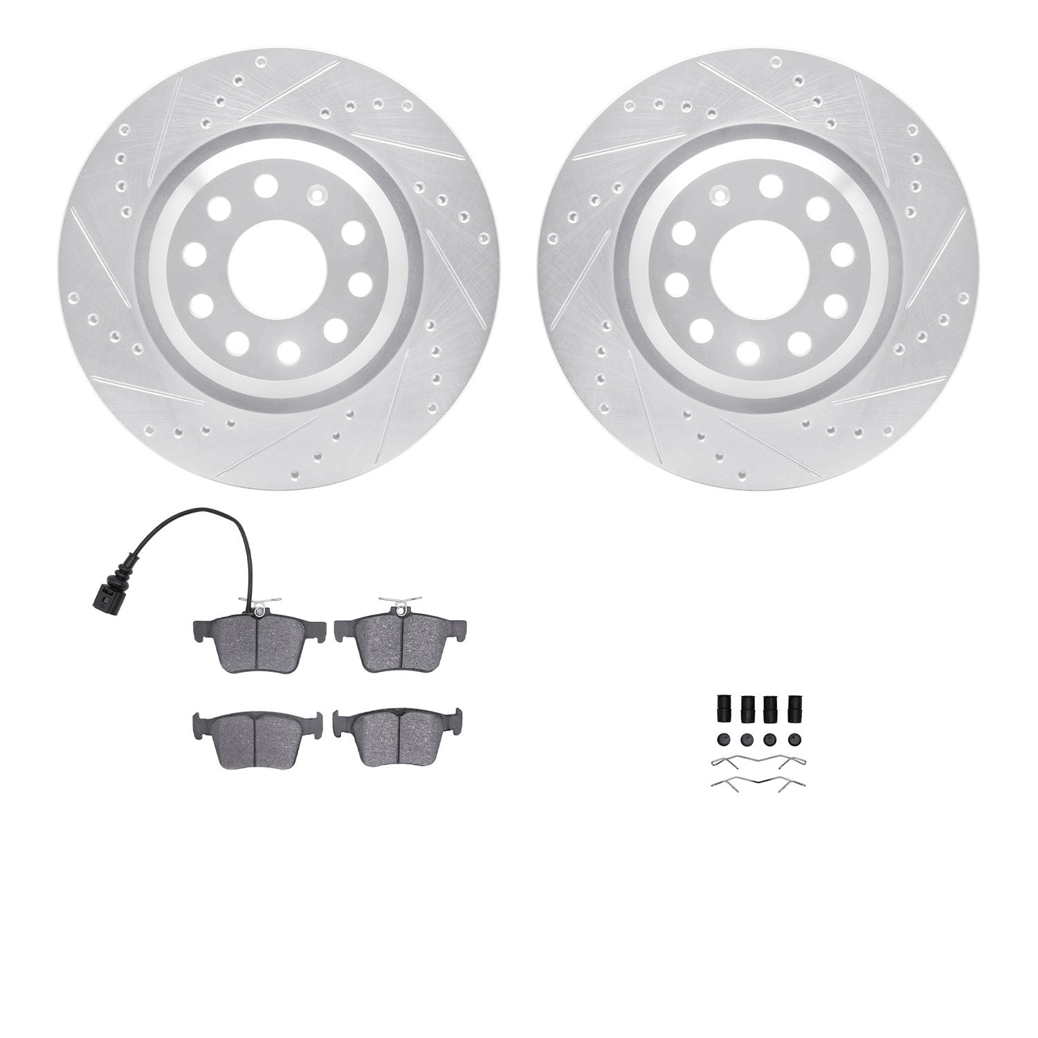 R1 Concepts Rear Drilled & Slotted Silver Brake Rotor Set w/Ceramic Pads and Hardware | 2015-2019 VW Golf R (WGWH1-74091)